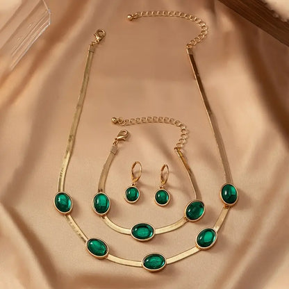 Oval Green Crystal Pendant Necklace Set With Bracelet