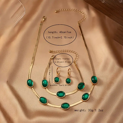 Oval Green Crystal Pendant Necklace Set With Bracelet